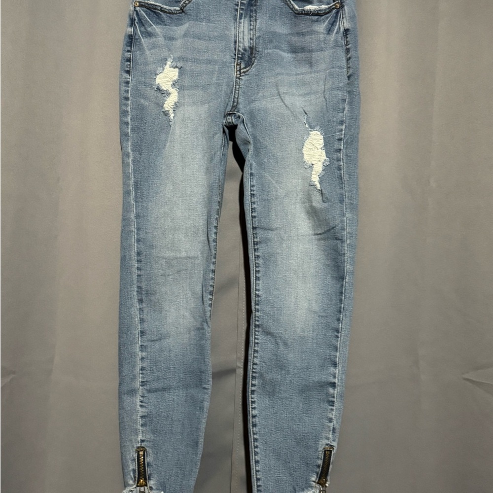 KanCan Blue Skinny Distressed Jeans with Ankle Zippers